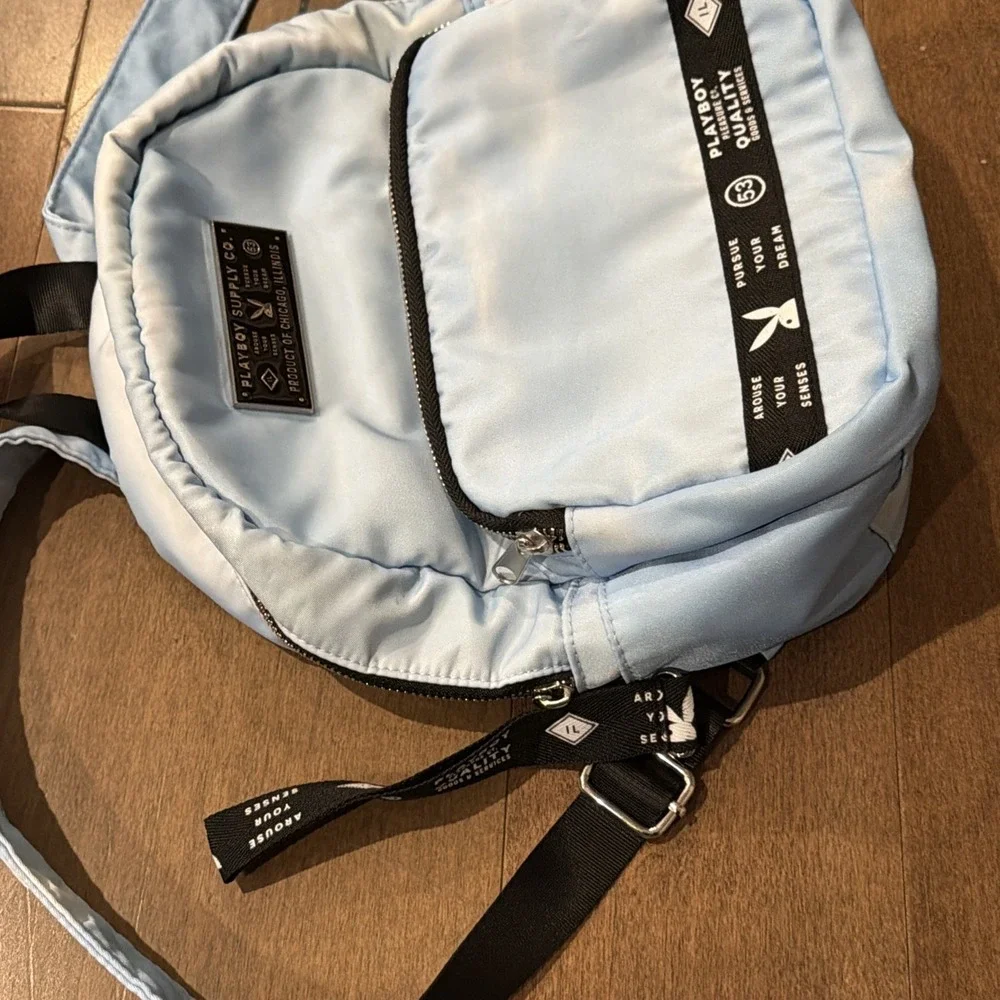 Playboy Blue Nylon Backpack Everyday Travel Daypack Bookbag Adjustable Strap